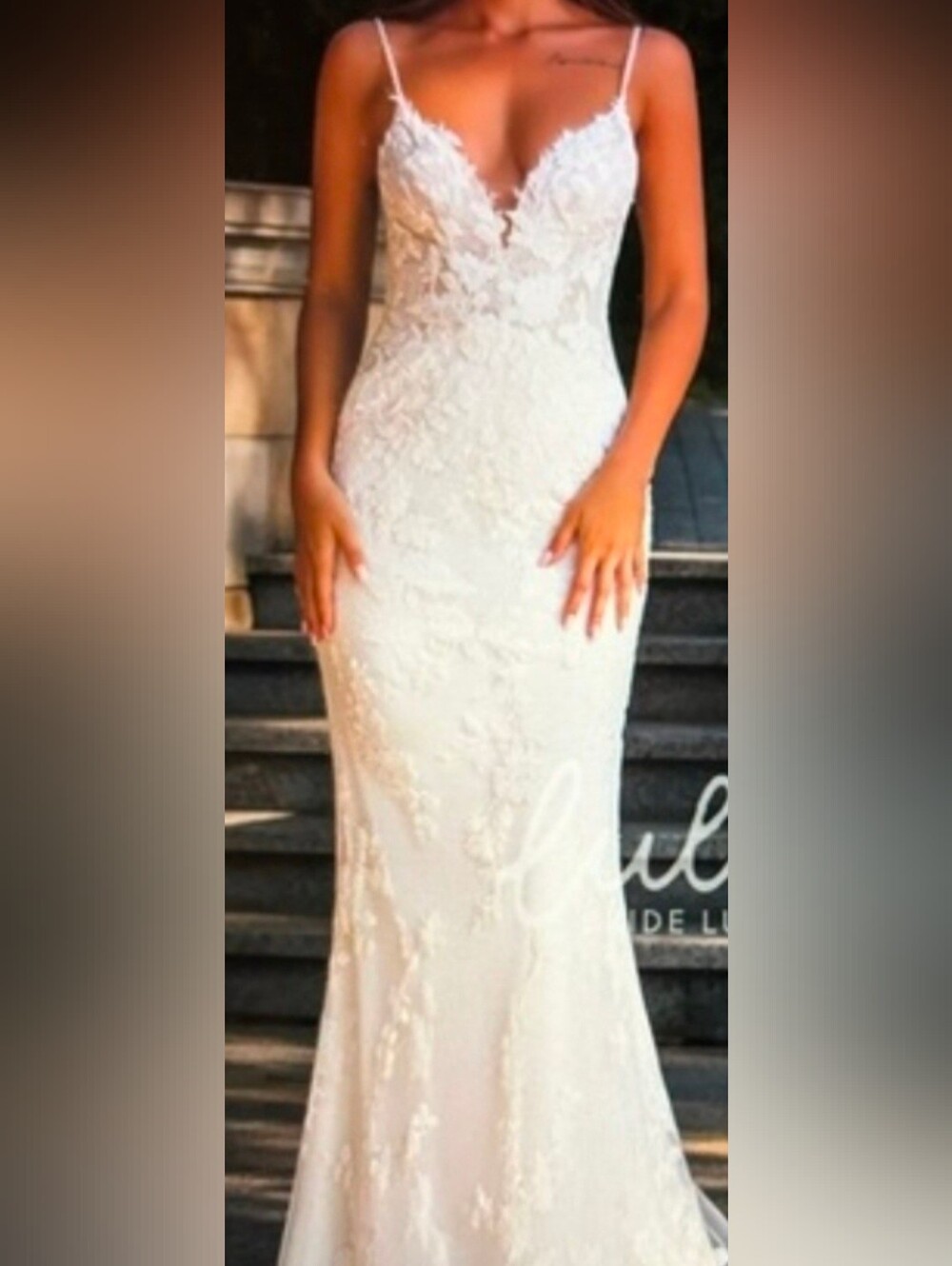Wedding New White Lace Applique Elegant Lace Up Mermaid Train Dress Size 2